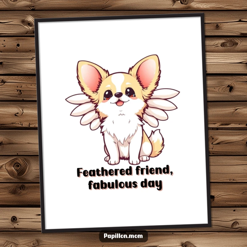 Funny Free Printable Wall Art: Kawaii Papillon dog with elegant wings flared, looking up happily, radiating pure joy.
