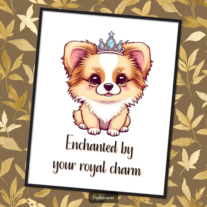 Funny Free Printable Papillon Wall Art: Cute dog wearing a tiny sparkly tiara, looking absolutely enchanted and charming.