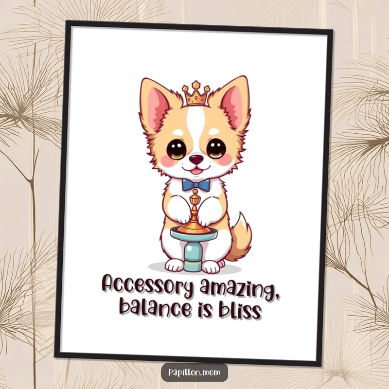 Funny Free Printable Wall Art showing a Kawaii Papillon dog with flair, balancing a small, ornate accessory perfectly.