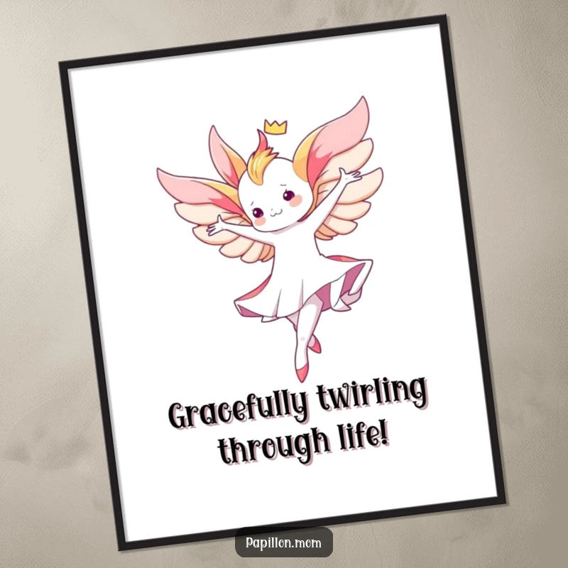 Free Printable Wall Art: Kawaii Papillon lady performing a graceful aerial twirl, symbolizing beauty, balance, and effortless movement.