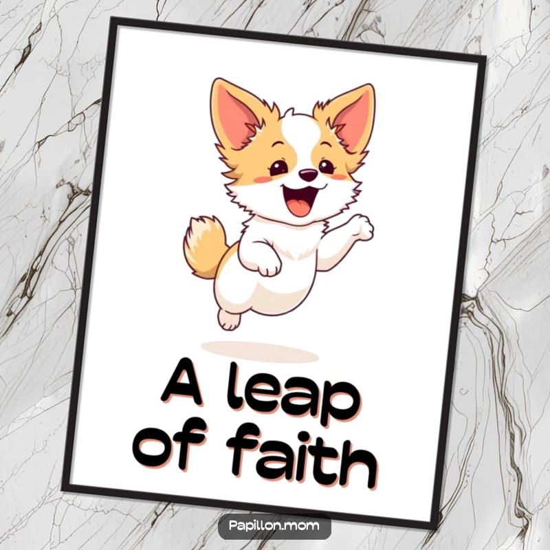 Joyful Free Printable Wall Art of an excited Papillon dog performing a graceful, spontaneous leap, radiating boundless energy.