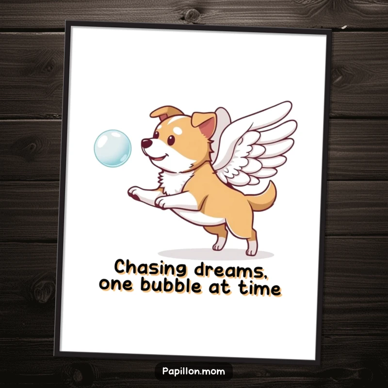 Funny Free Printable Wall Art depicting a dog with wings playfully chasing a floating bubble, enchanting decor
