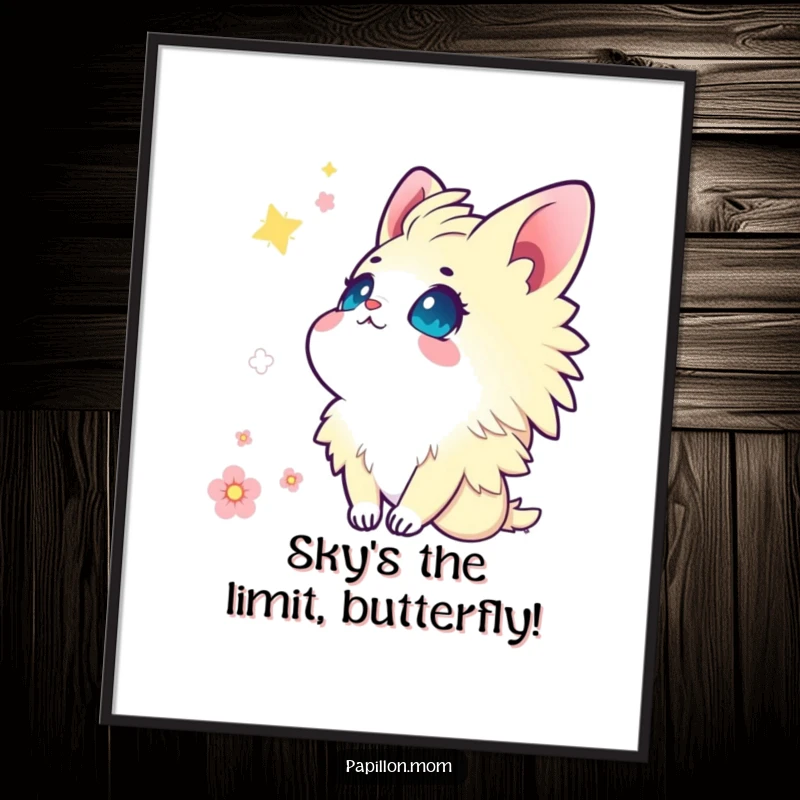 Free Printable Wall Art: Kawaii Papillon lady looking up at the sky with wide, wonder-filled eyes, evoking serenity and dreams.