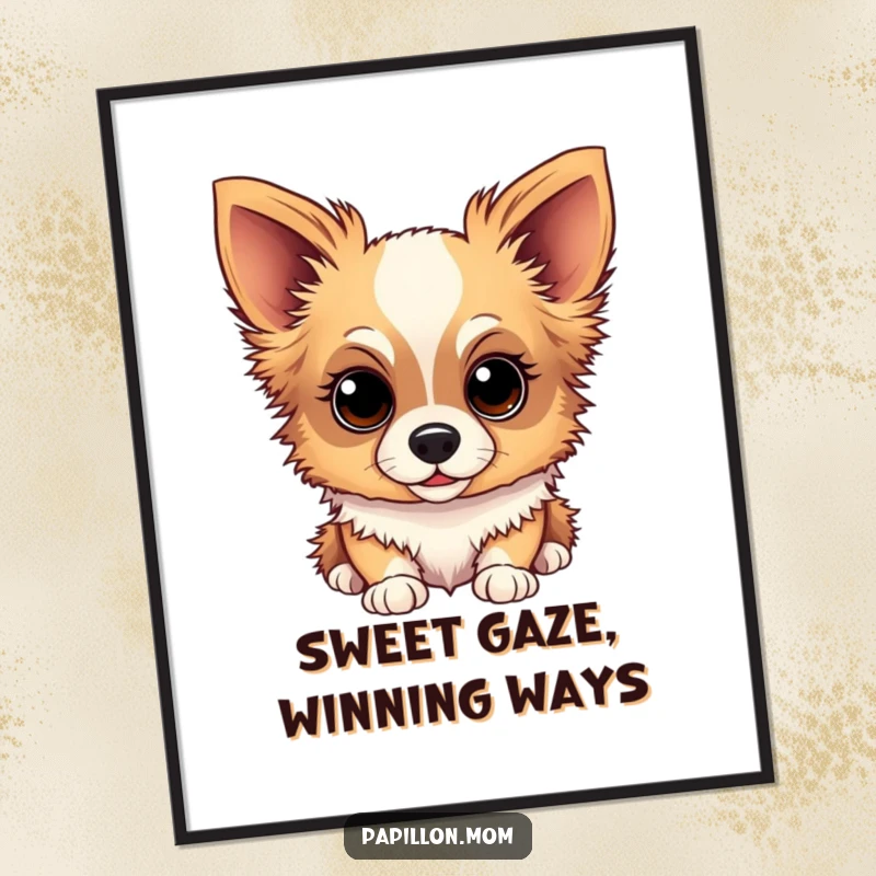 Funny Free Printable Wall Art: A Papillon dog looking with a sweet, inquisitive, and endearing gaze, capturing hearts.