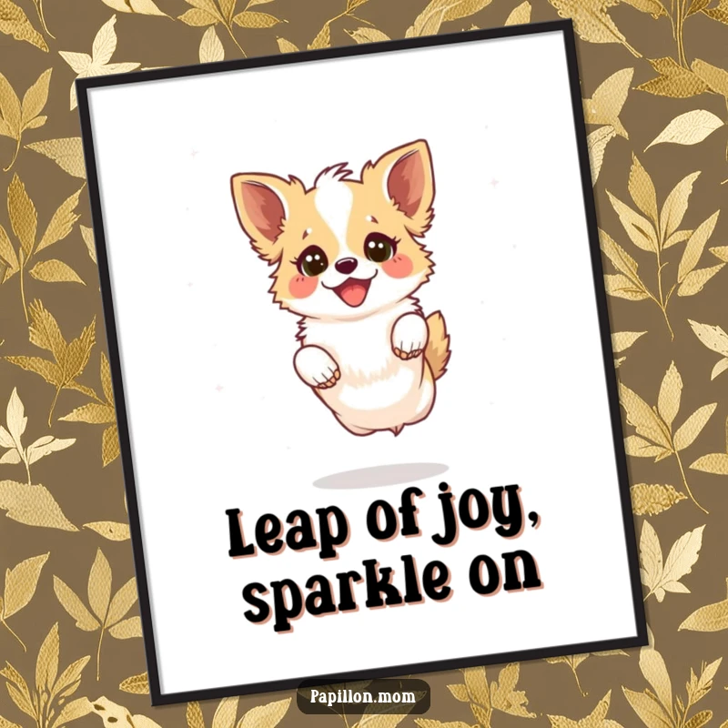 Funny Free Printable Wall Art: Kawaii Papillon dog leaping playfully with a joyful sparkle in its eyes, full of life.