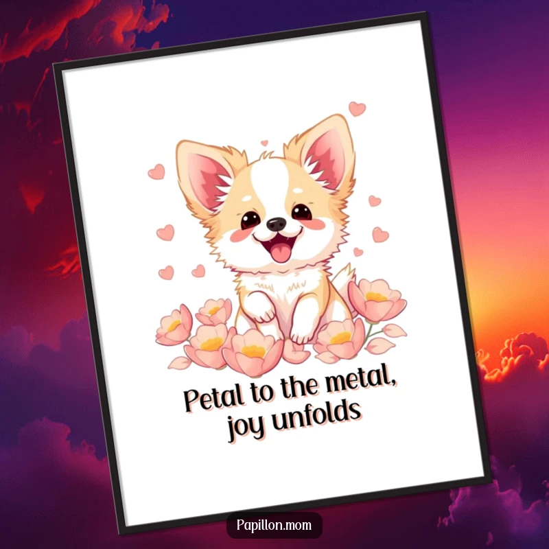 Funny Free Printable Wall Art showing a Kawaii Papillon dog fluttering with pure excitement, surrounded by soft, dreamy petals.