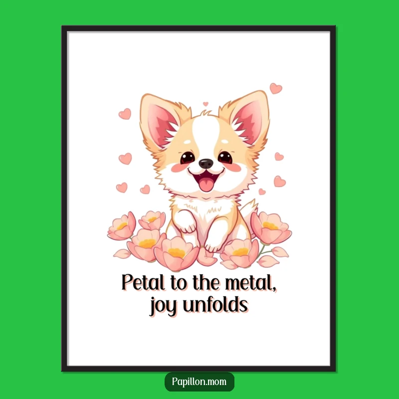 Free Printable Wall Art: Excited Kawaii Papillon Dog Petal Decor Downloadable