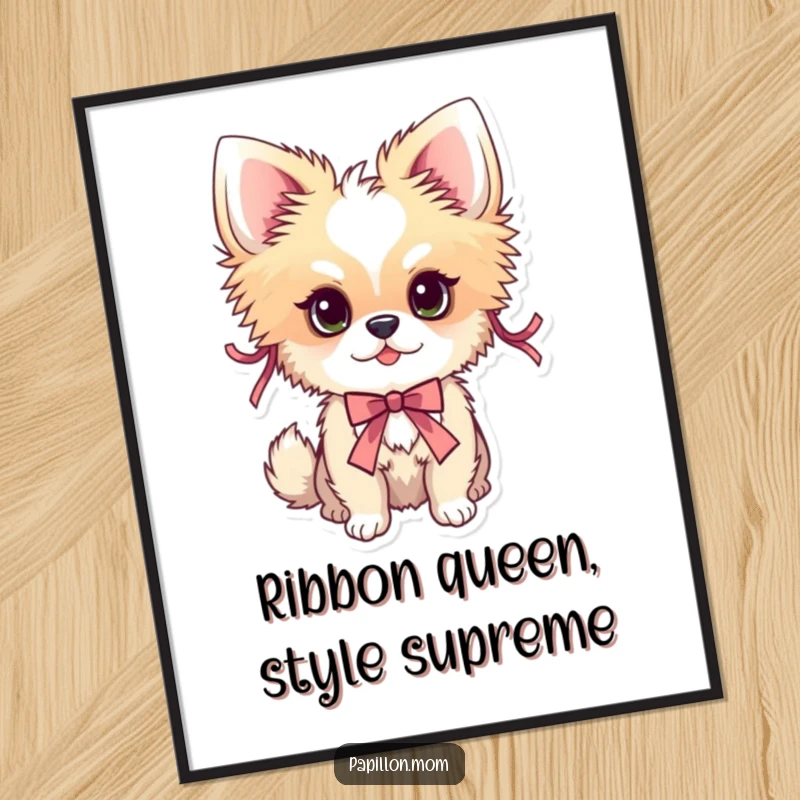 Funny Free Printable Wall Art: A Papillon dog beautifully adorned with delicate, colorful ribbons, looking charming.