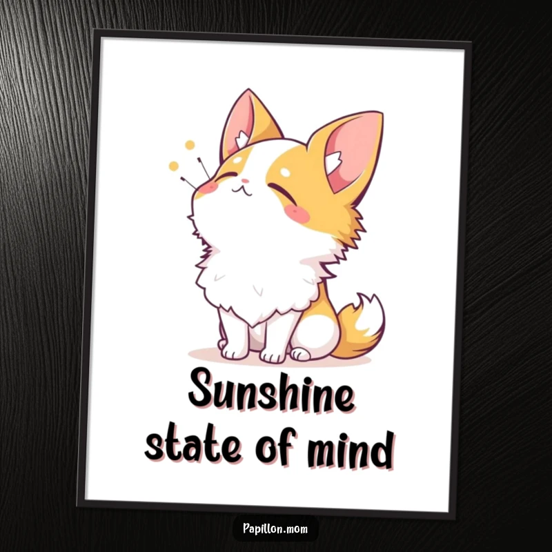 Funny Free Printable Papillon Wall Art: A Papillon with a contented sigh, looking up at the warm sun. A downloadable moment of peace.