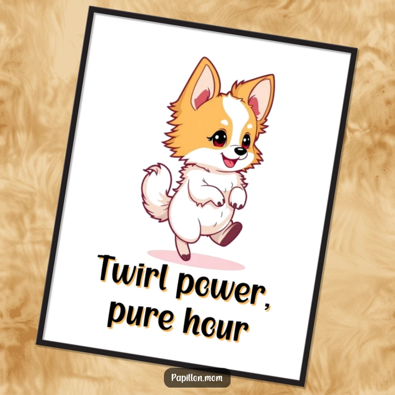 Funny Free Printable Wall Art: A Papillon dog captured in a joyful, energetic twirl, radiating happiness.