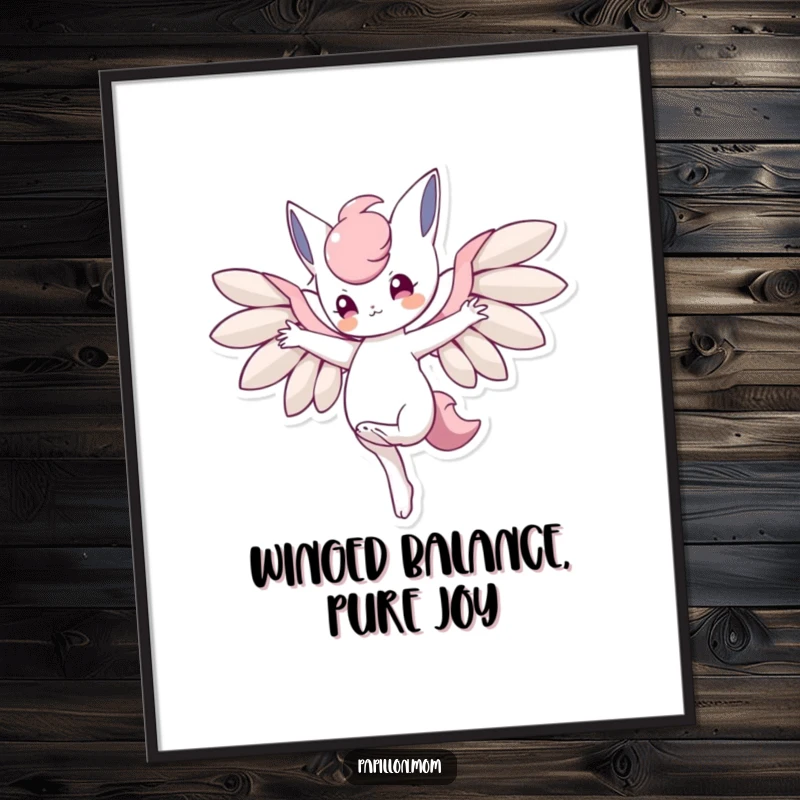 Funny Free Printable Wall Art: Character balancing on one paw with wings outstretched, showcasing balance and grace