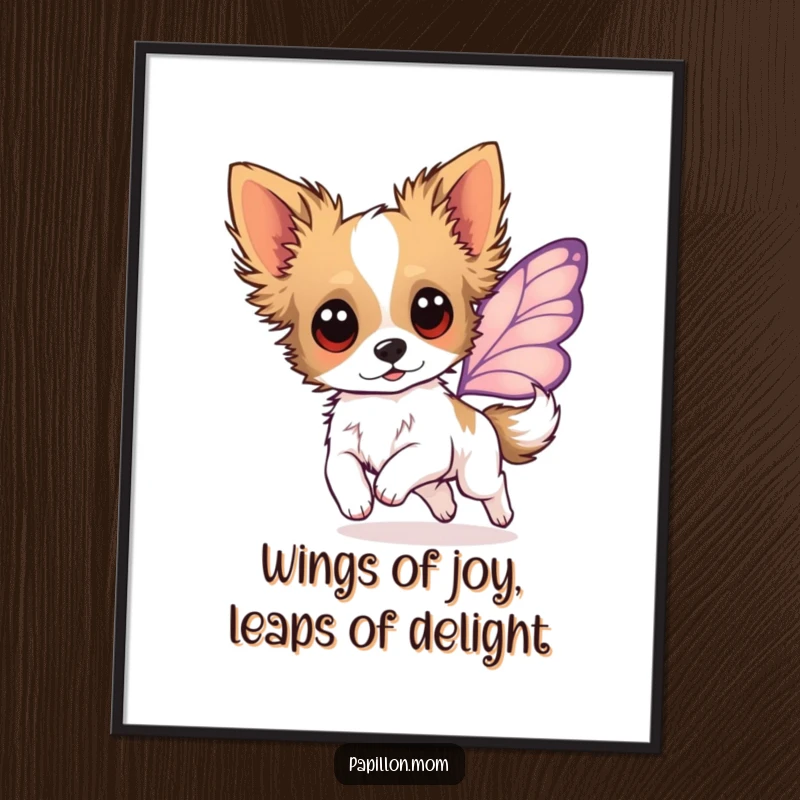 Funny Free Printable Papillon Wall Art: Graceful dog with expressive eyes leaping, hinted butterfly wings, bringing joy.