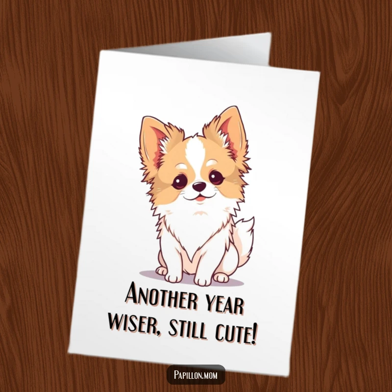 Funny Free Printable Birthday Card: Kawaii Papillon dog enjoys a gentle breeze with a serene expression, conveying peaceful birthday wishes.
