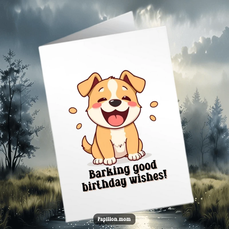 Funny Free Printable Birthday Card: A happy dog barks with joy, playful sound ovals indicating a hilarious celebration.