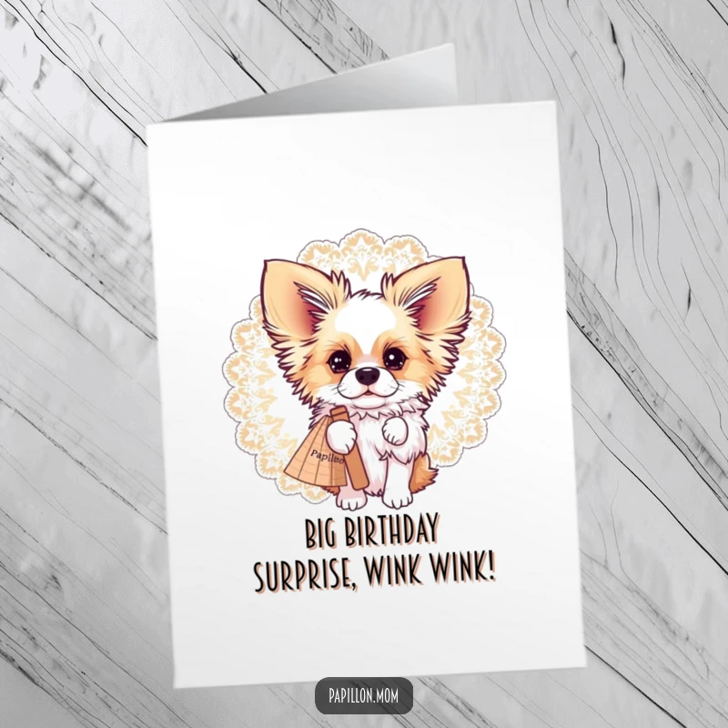 Funny Free Printable Birthday Card: A Papillon dog coyly peeking from behind a large, ornate lace fan.
