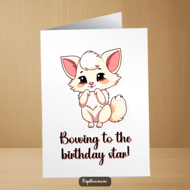 Funny Free Printable Birthday Card: Papillon dog performing a graceful little bow. A stylish and charming downloadable gift.