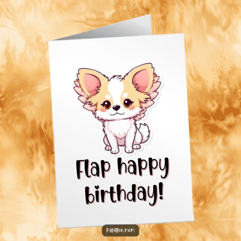 Whimsical Free Printable Birthday Card featuring a cute Papillon dog with enchanting oversized wings gracefully flapping, spreading magic.