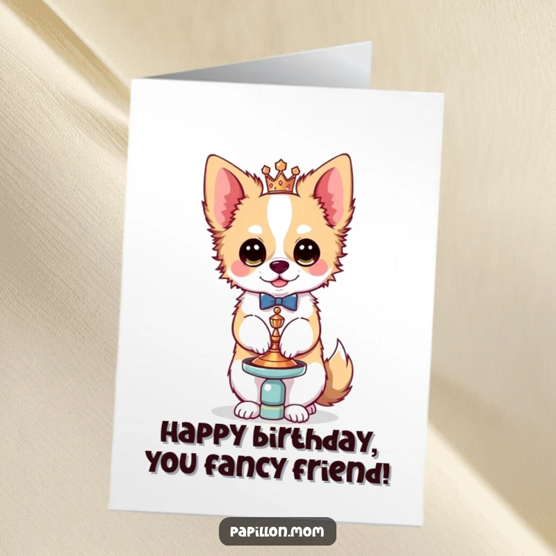 Funny Free Printable Birthday Card with a Kawaii Papillon dog elegantly balancing a tiny, ornate accessory with noticeable flair.
