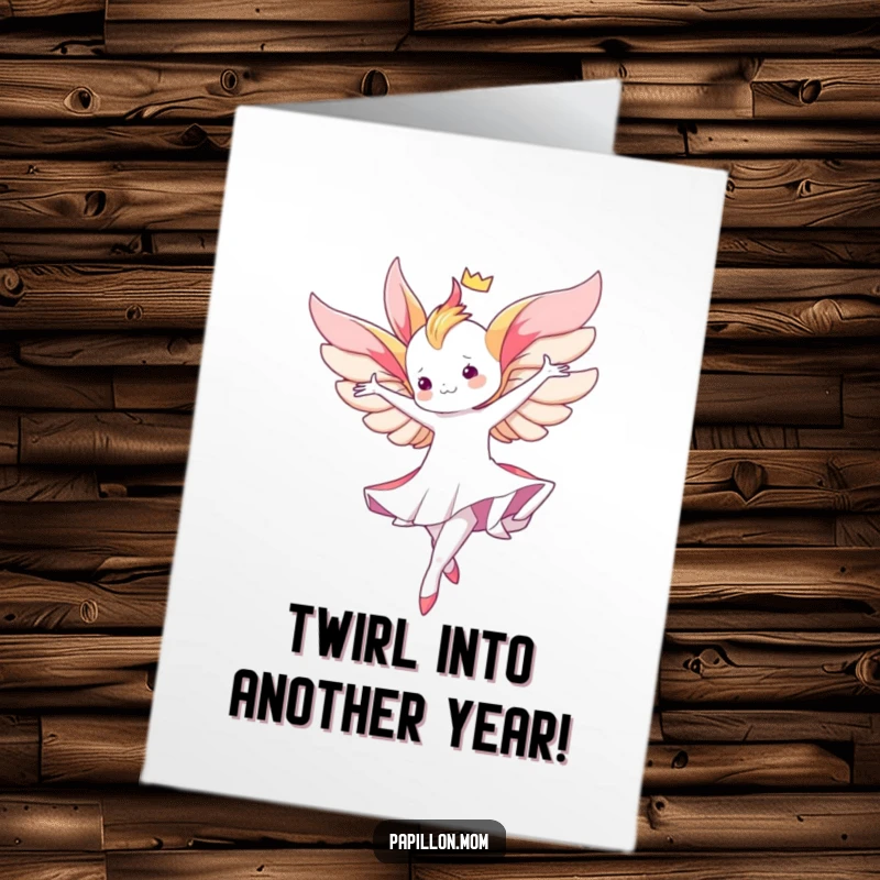 Free Printable Birthday Card: Kawaii Papillon lady performing a graceful aerial twirl, embodying elegance and celebration.