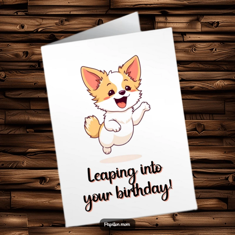 Joyful Free Printable Birthday Card: an excited Papillon dog performing a graceful, small leap, radiating pure happiness.