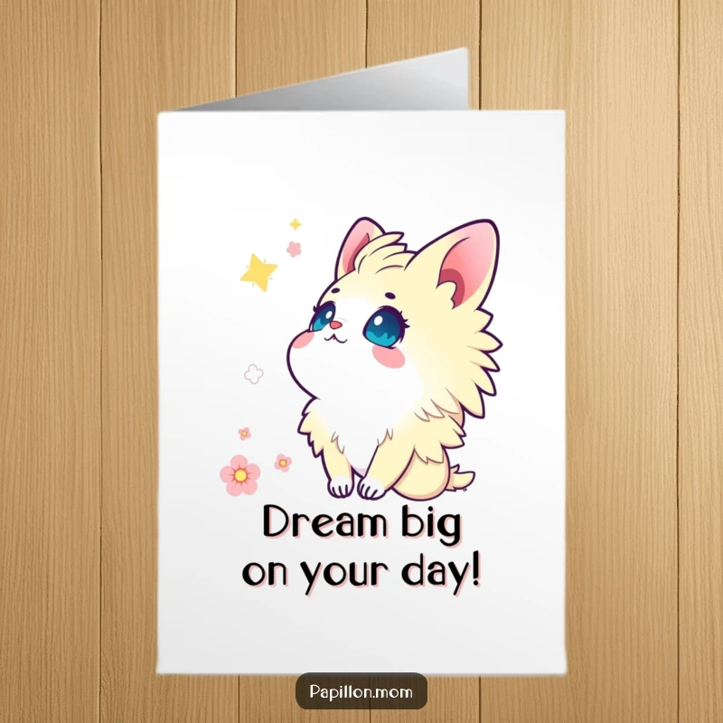 Free Printable Birthday Card: Kawaii Papillon lady looking up at the sky with wide, wonder-filled eyes, dreaming of wishes.