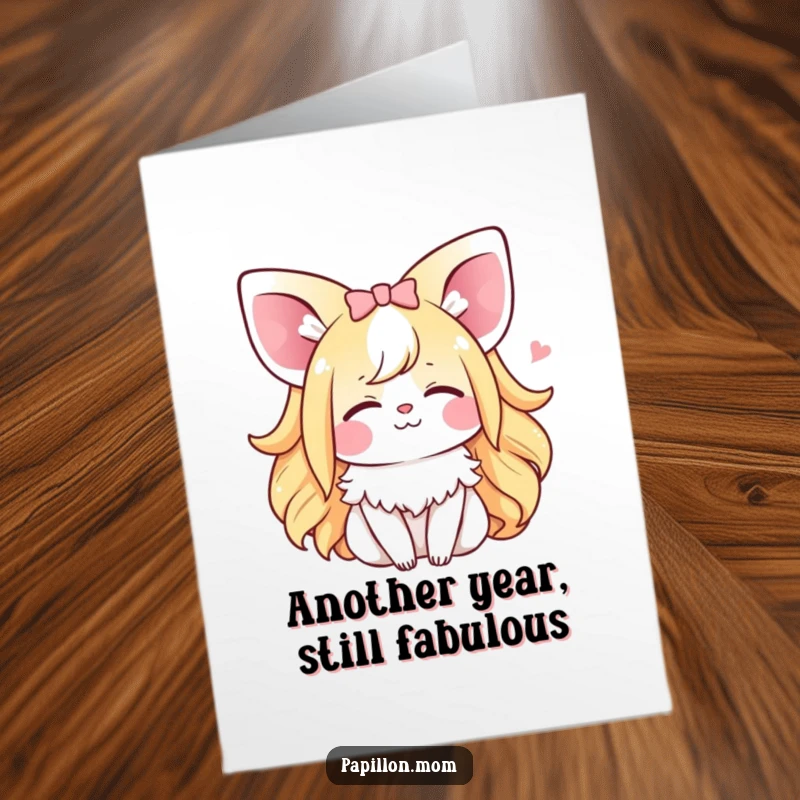 Funny Free Printable Birthday Card: Kawaii Papillon lady sighing happily with eyes closed, ready for gifting.