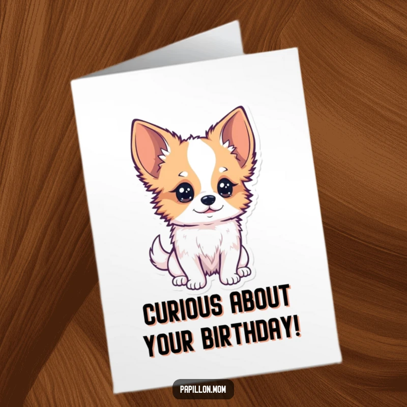 Funny Free Printable Birthday Card: Kawaii Papillon dog with a curious tilt of its head, observing closely, ready for fun.