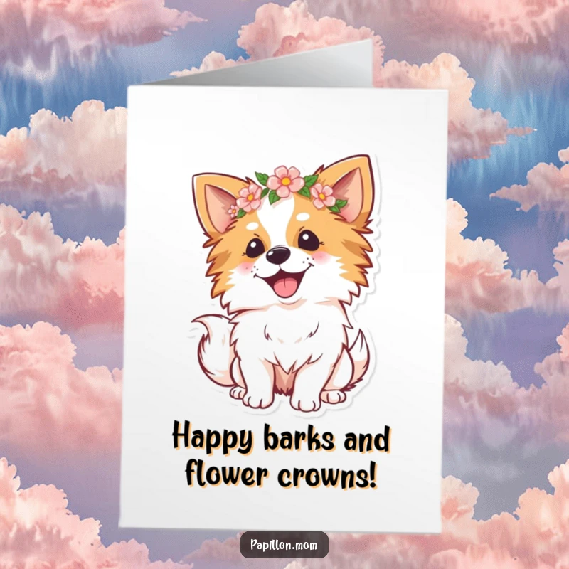 Funny Free Printable Papillon Birthday Card: Happy dog wearing a flower crown, tail wagging with pure joy.