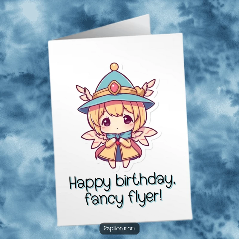 Funny Free Printable Birthday Card: Character in a tiny elegant hat with wings, looking sophisticated