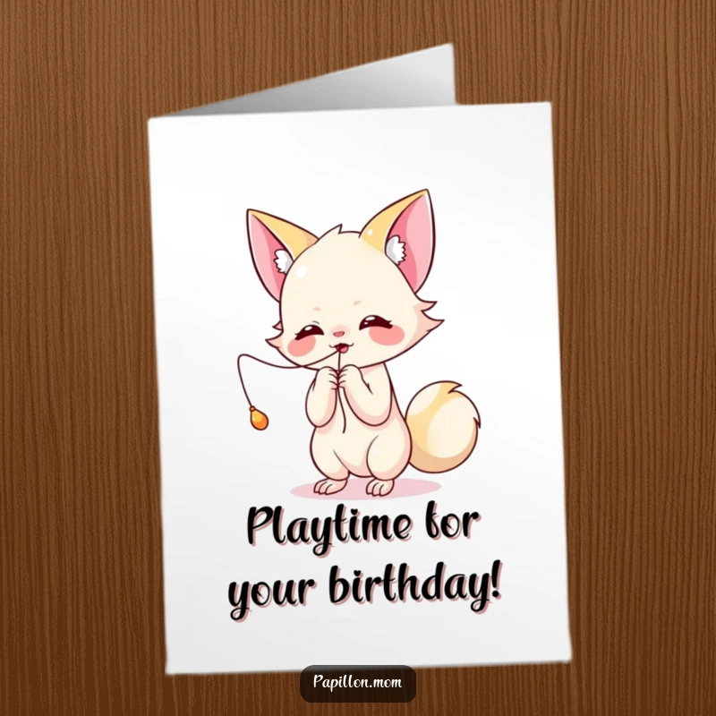 Free Printable Birthday Card: Kawaii Papillon lady playfully batting at a dangling string, full of mischievous, happy energy.
