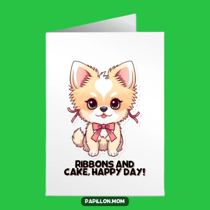 Free Printable Birthday Card: Ribboned Papillon Dog - Festive Downloadable Gift