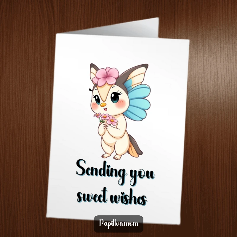 Free Printable Birthday Card: Kawaii Papillon lady gracefully offering a small bloom, perfect for birthday wishes.