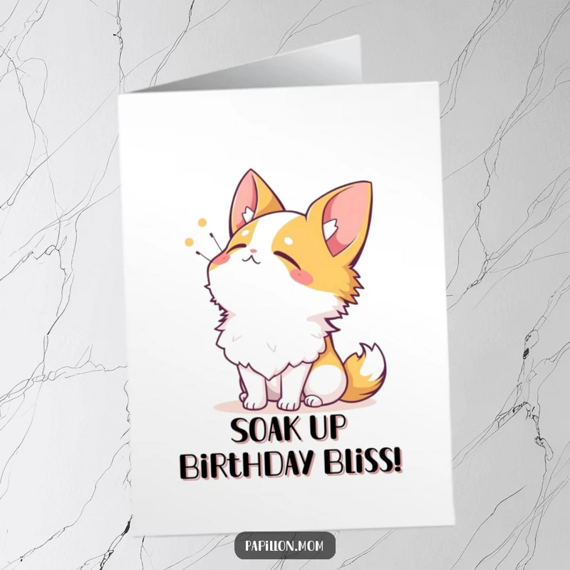 Free Printable Papillon Birthday Card: Content dog sighing blissfully while looking up at the sun. A downloadable ray of happiness.