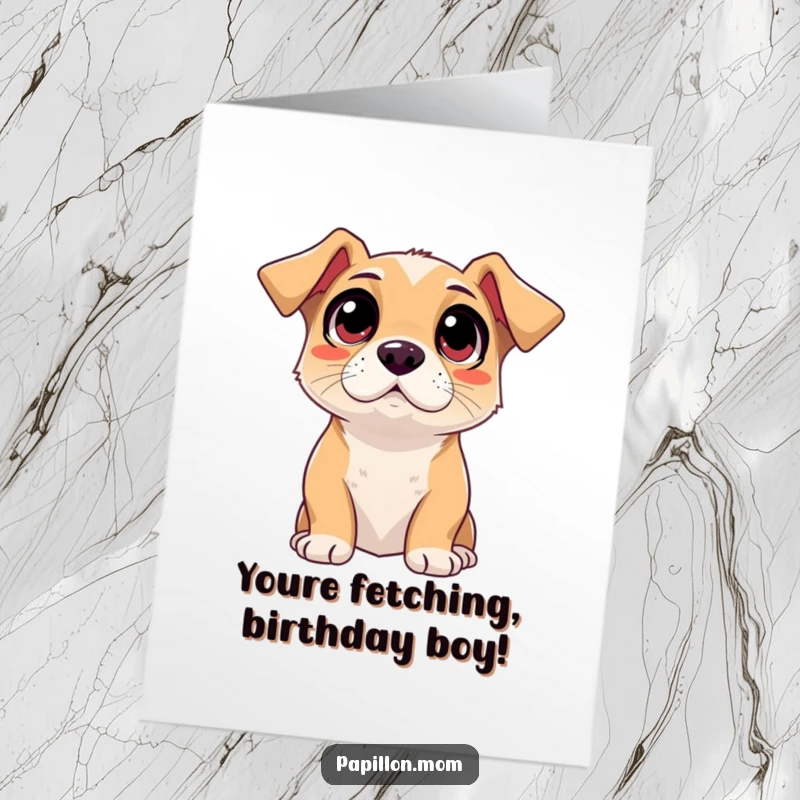 Funny Free Printable Birthday Card: A dog gazes upward with wide, adoring eyes, anticipating delightful birthday fun.