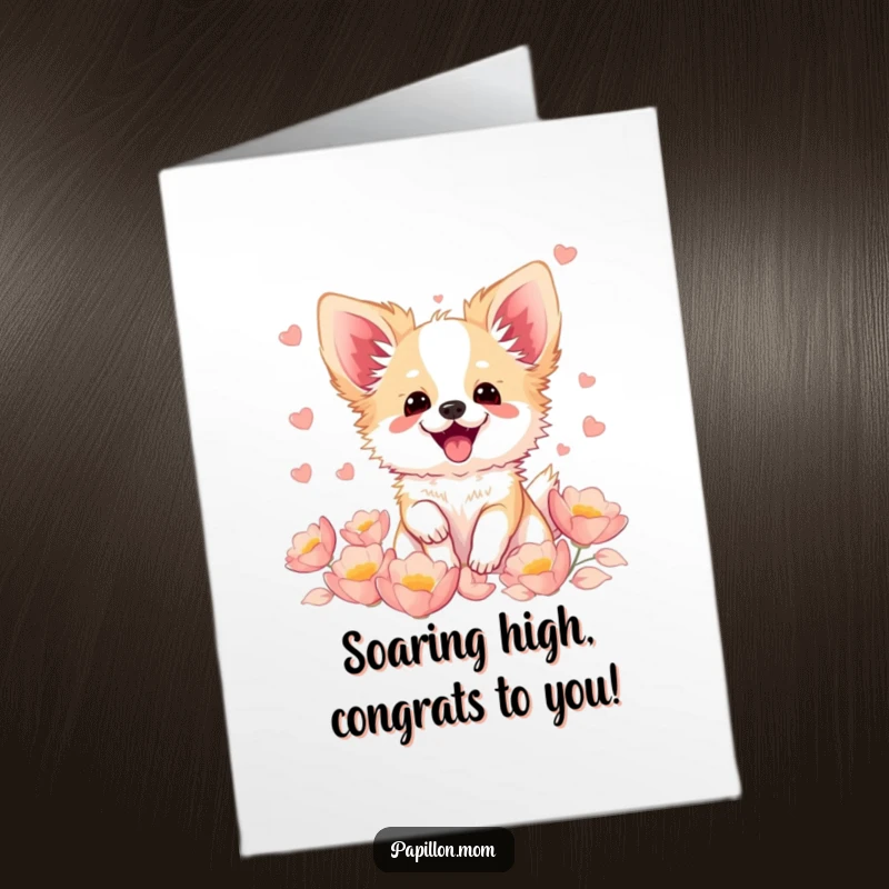 Funny Free Printable Congratulations Card featuring a Kawaii Papillon dog fluttering with pure excitement, surrounded by delicate soft petals.