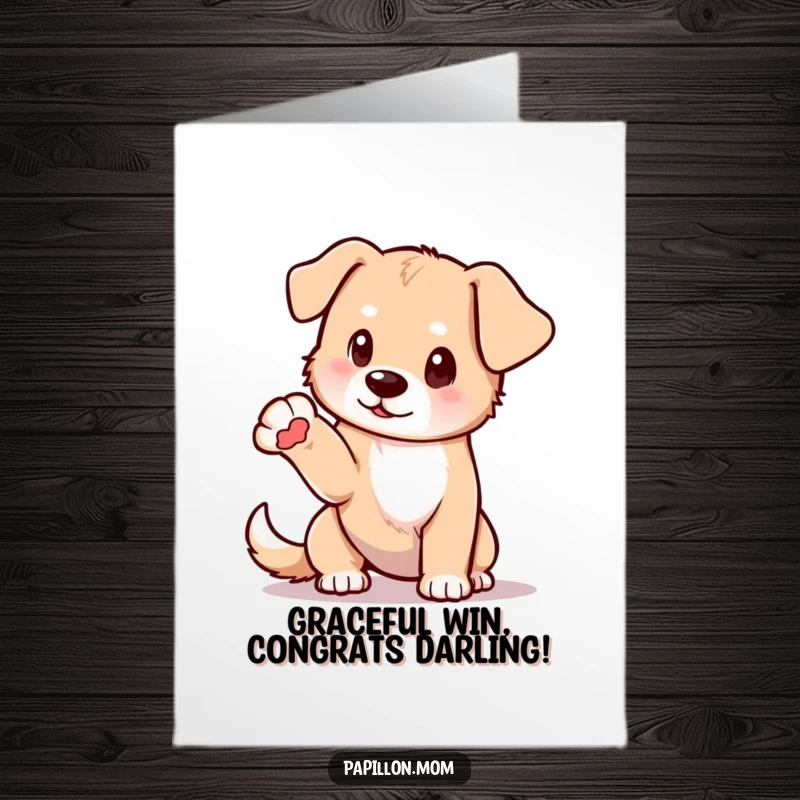 Funny Free Printable Congratulations Card of a dog in an elegant pose, one paw extended, celebrating success