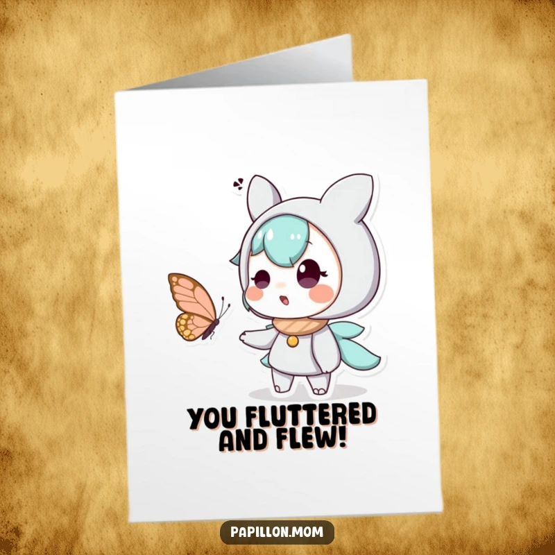 Funny Free Printable Congratulations Card: A character gasps in delight as a butterfly appears, a unique downloadable greeting.