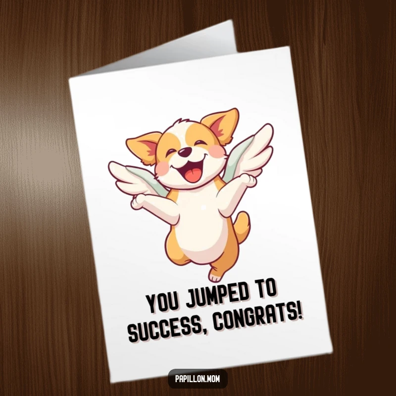 Funny Free Printable Congratulations Card featuring a dog leaping joyfully with wings, celebrating success
