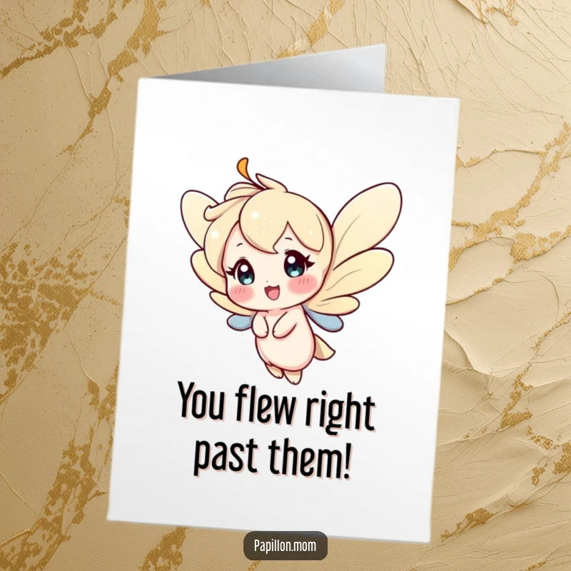 Funny Free Printable Congratulations Card: Character fluttering gracefully with a happy expression, celebrating success