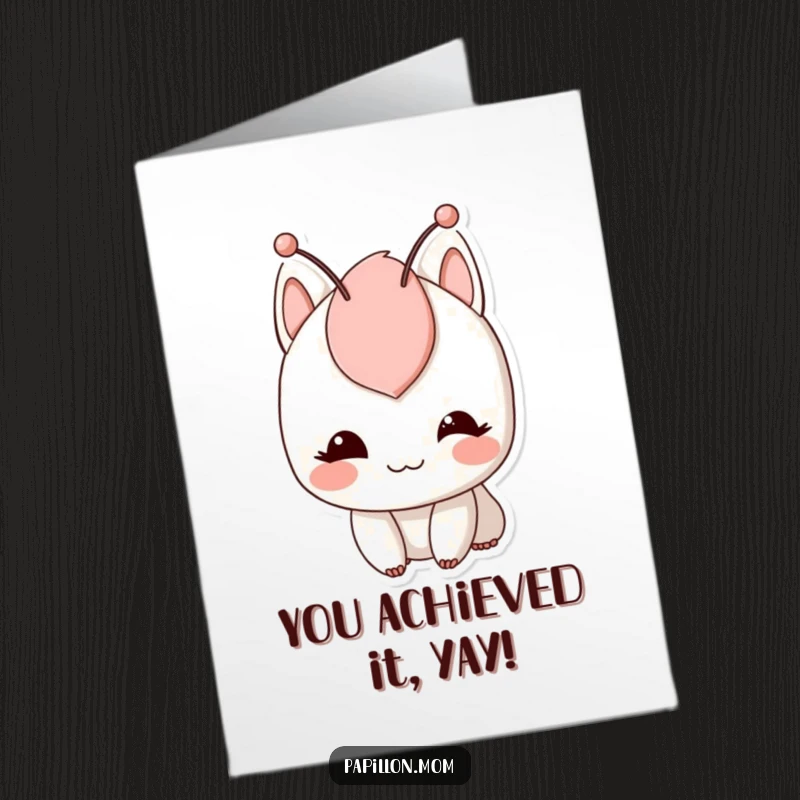 Funny Free Printable Congratulations Card: Character with a gentle smile and twitching antennae, celebrating a win