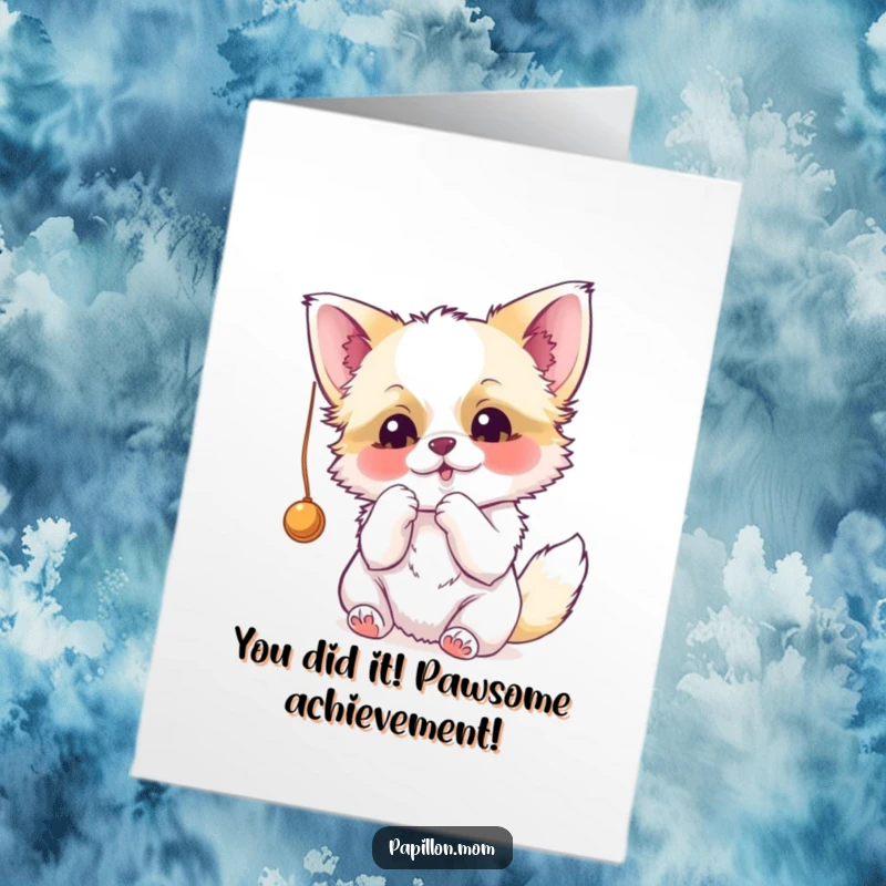 Funny Free Printable Papillon Congratulations Card: Cute dog playfully batting string, celebrating your big win. A downloadable treasure.