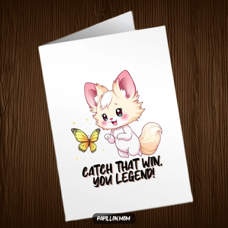 Funny Free Printable Papillon Lady Congratulations Card, happily chasing a shimmering butterfly, celebrating achievements.