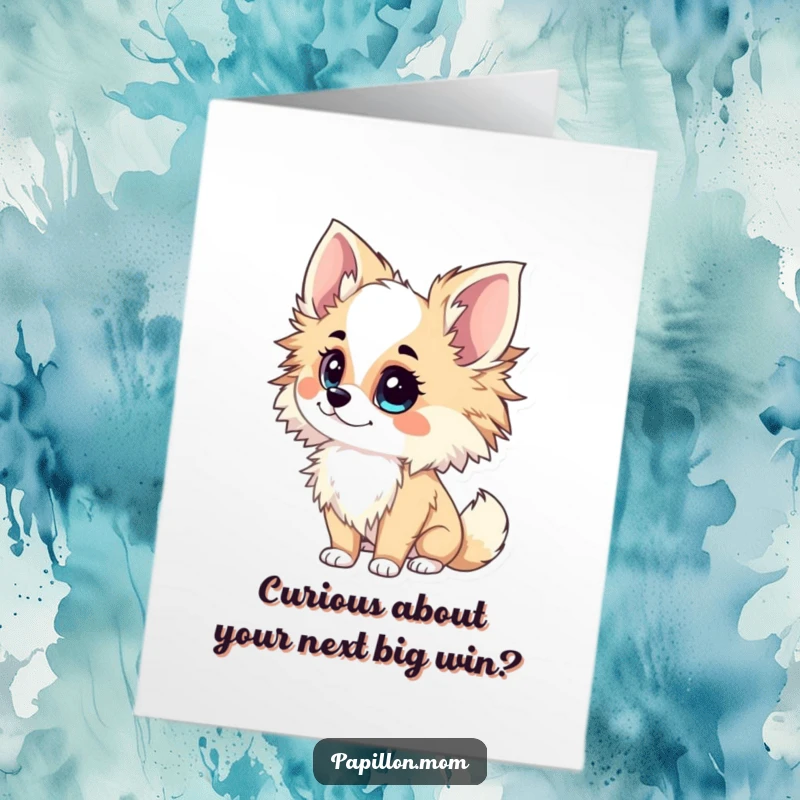 Funny Free Printable Papillon Lady Congratulations Card, with an inquisitive tilt of her head, celebrating success.