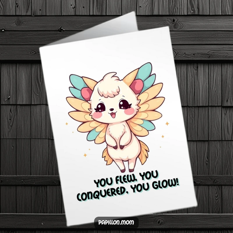 Funny Free Printable Papillon Lady Congratulations Card with delicate wings fluttering joyfully, celebrating success.