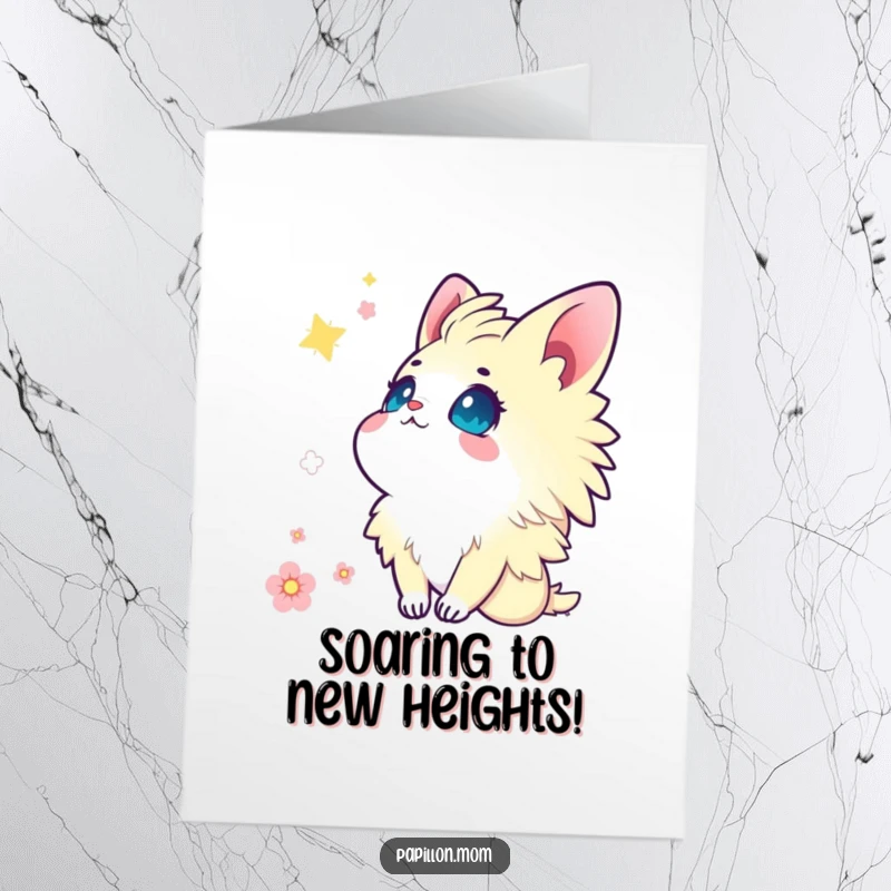 Free Printable Congratulations Card: Kawaii Papillon lady looking up at the sky with wonder-filled eyes, celebrating new horizons.
