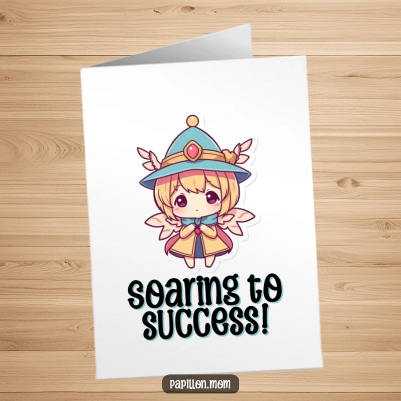 Funny Free Printable Congratulations Card: Character in a tiny elegant hat with wings, celebrating achievement