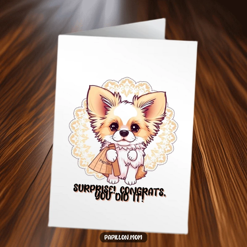 Funny Free Printable Congrats Card: A Papillon dog playfully peeks over the edge of a delicate lace fan.