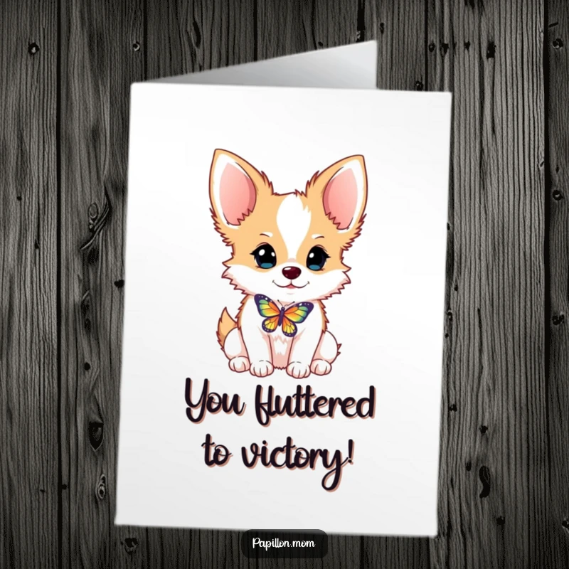 Funny Free Printable Congratulations Card: A Papillon dog balancing a butterfly on its nose, celebrating an achievement.