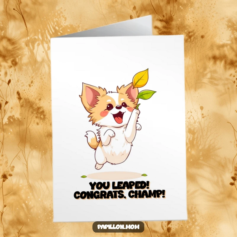 Funny Free Printable Congrats Card: A joyous Papillon dog mid-air, leaping to catch a falling leaf.