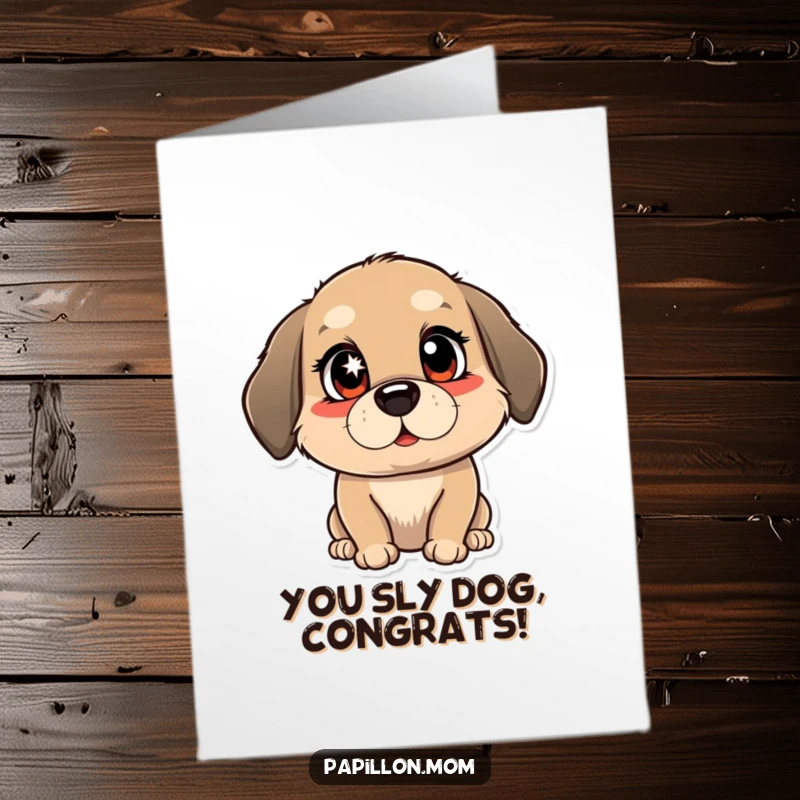 Funny Free Printable Congratulations Card of a dog winking with a mischievous sparkle, celebrating achievements